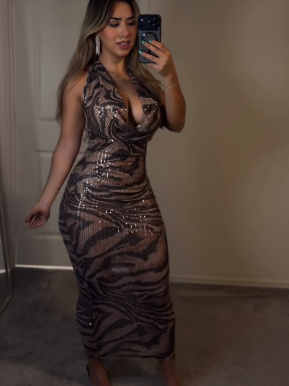 Brown Sequin Zebra Halter Maxi Dress